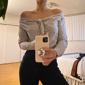 Off shoulder blue white striped button up blouse